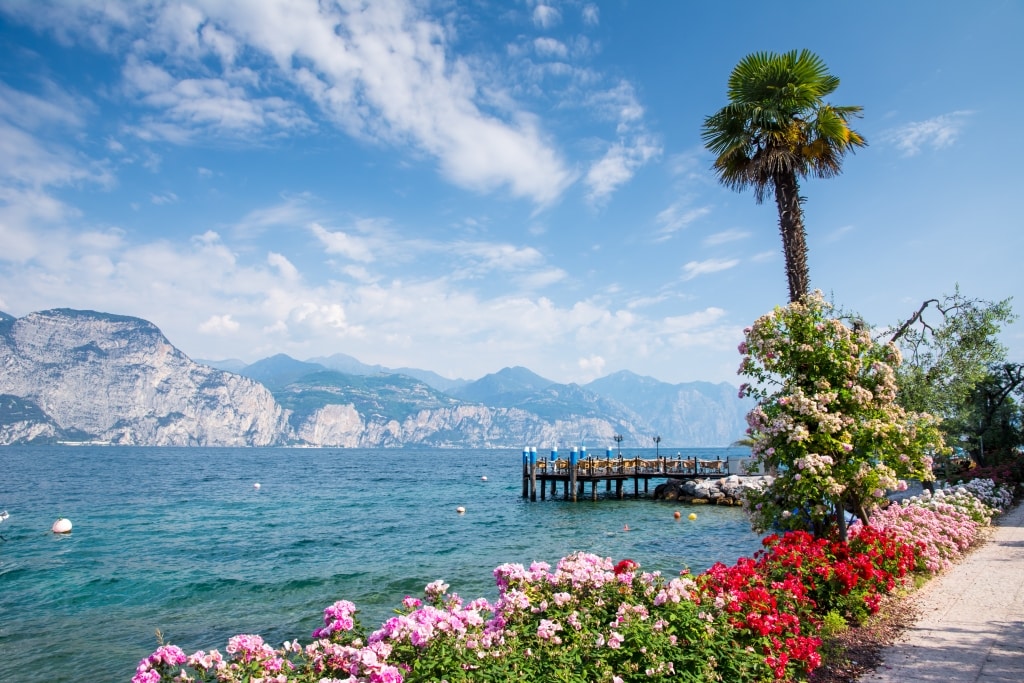 Italiaanse meren: bloemen langs de kade van het Gardameer