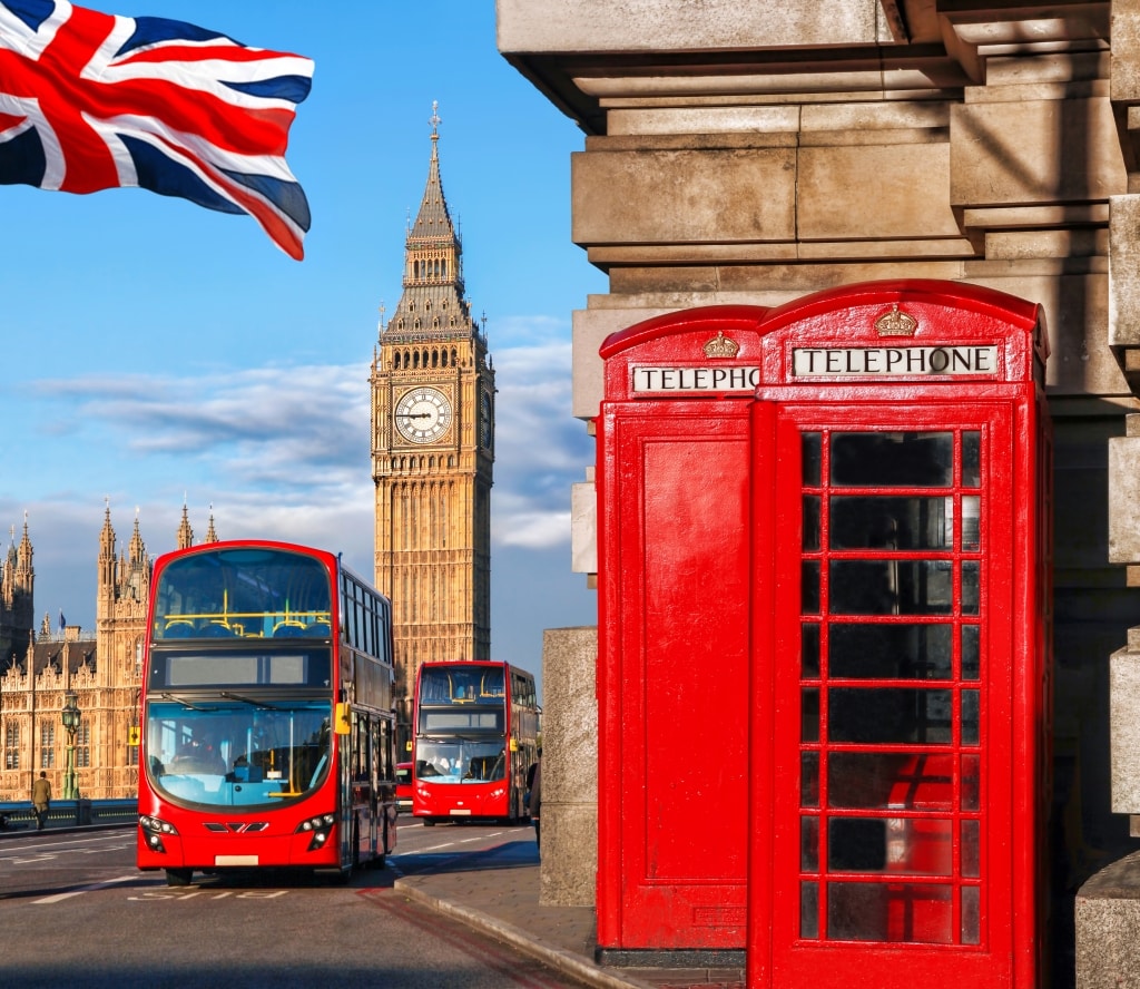 Bussen, Big Ben en rode telefooncel in Londen, Engeland