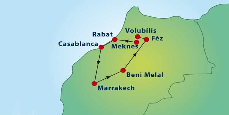 Route van de rondreis Koningssteden Marokko