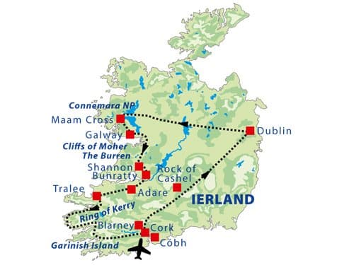Routekaart Fly drive Ierland