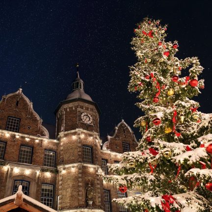 Kerstmarkt met kerstboom in düsseldorf, duitsland