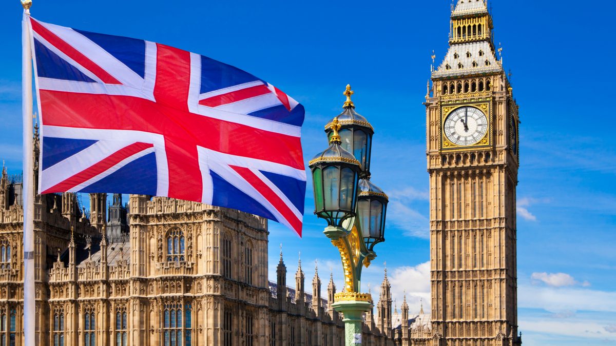 Vlag van Verenigd Koninkrijk met de Big Ben op de achtergrond