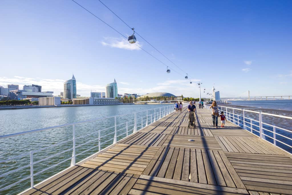 Loopbrug en uitzicht op de kabelbaan in Parque das Nações in Lissabon, Portugal
