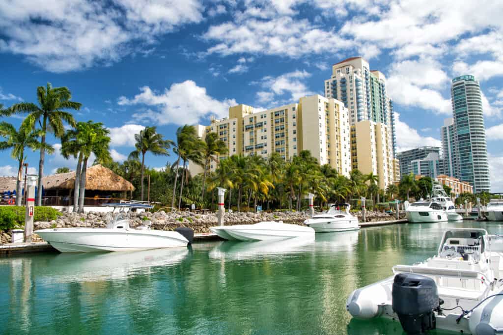 Luxe hotels met jachten in de haven en palmbomen in Miami, Florida